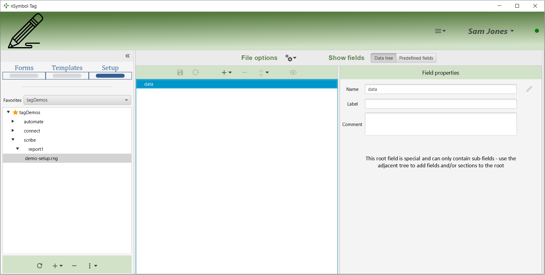 Empty data tree with the root 'data' field selected