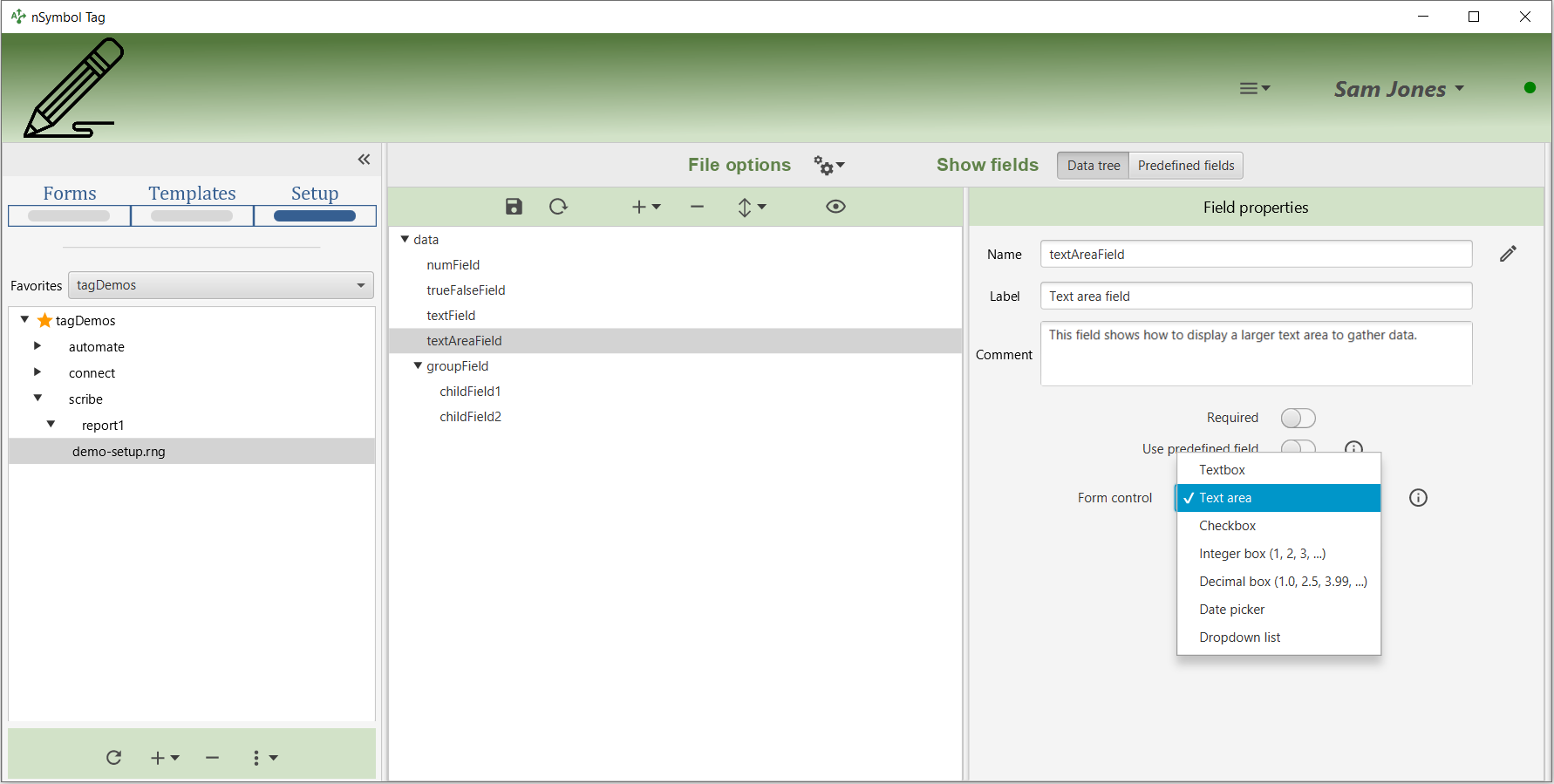 Field properties which show label, comment and a Text area form control