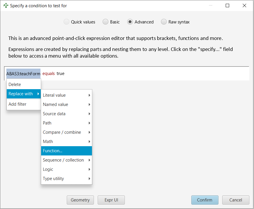 Advanced expression editing panel