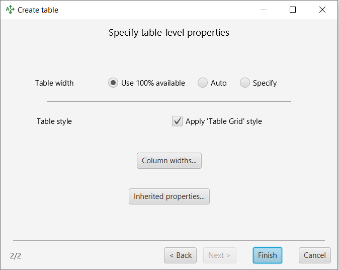 Table insert dialog