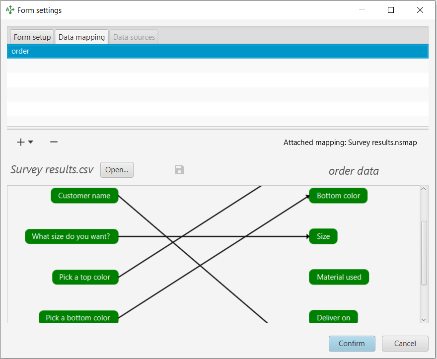 Data mapping tab that allows forms to import from CSV files