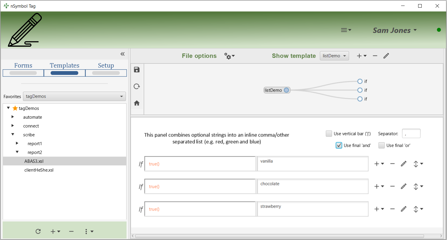 Showing strings and expressions for a Combine strings inline widget template